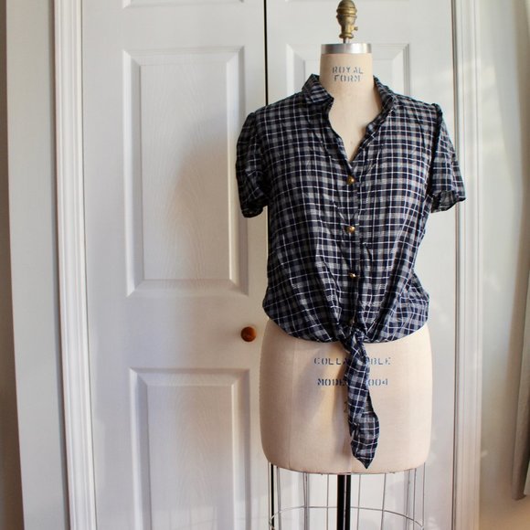 NWT Paper Crown Plaid for Anthropologie Tie Front Button Down Blouse Size M - Picture 2 of 14